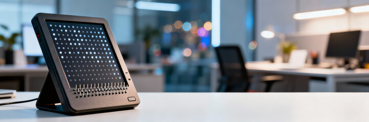 Refreshable Braille display device on a white desk in a modern office. Assistive technology for the blind and visually impaired. Electronic tactile reader with copy space