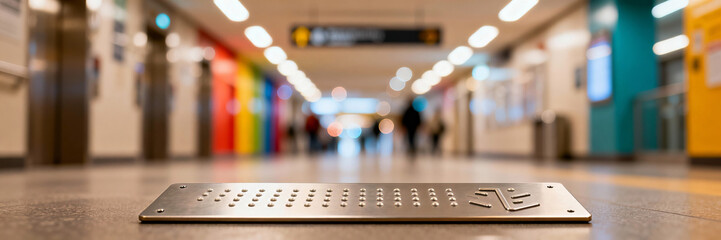 Silver metal tactile sign with braille dots on floor. Accessibility guidance for blind people in colorful subway station. Navigation aid for visually impaired