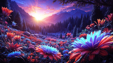 Vibrant flowers cover a fantasy mountain landscape at sunset, creating a magical atmosphere