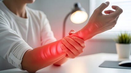 Acute wrist pain. Person holding painful arm with red highlight, signifying carpal tunnel syndrome, RSI, or joint inflammation.