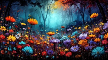 Vibrant wildflower meadow in a deep forest with an ethereal blue glow, fantasy illustration