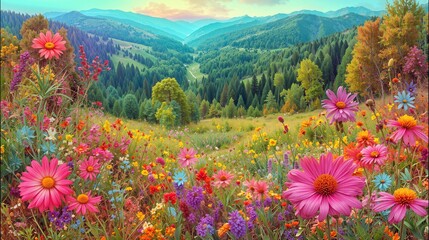 Vibrant wildflower meadow on a mountain slope, deep valley and forested hills fading into the distance