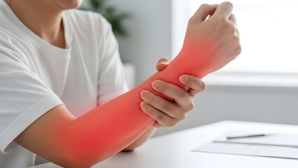 Obraz premium Person with arm and forearm pain, red highlight indicating injury, inflammation, or discomfort. Healthcare and medical concept.