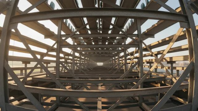 Abstract perspective through a long tunnel of industrial metal beams. Repeating steel framework creates a complex architectural structure. Modern construction design