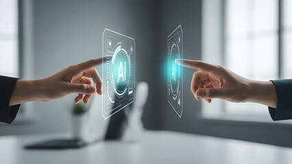 Hands Touching Floating Digital Interface AI human reaching central with text image symbolizes collaboration
