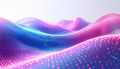 Abstract, undulating landscape crafted from glowing blue and pink particles, gradient background