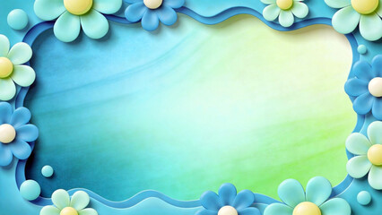 A whimsical 3D pastel floral frame with cute blue and green daisy-like flowers, yellow centers, and wavy borders surrounding a blank gradient center for custom text
