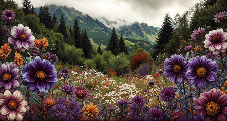 Vibrant flower field in alpine landscape