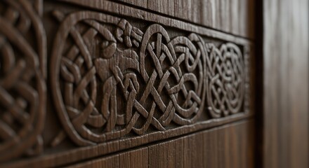 Intricate wooden carvings. Detailed relief patterns on a dark brown wooden surface