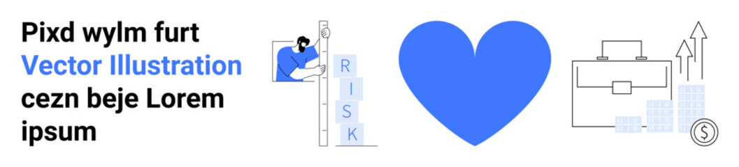 Risk assessment, teamwork, business growth, financial planning, corporate success, innovation. Man balancing risk letters, heart icon briefcase with growth symbols. Risk management and teamwork