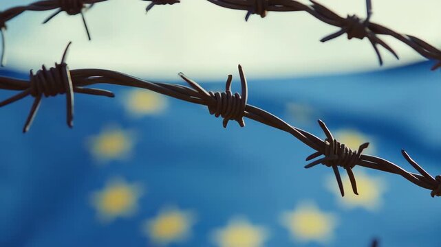 A barbed wire fence with an EU flag, symbolizing division and restrictions.