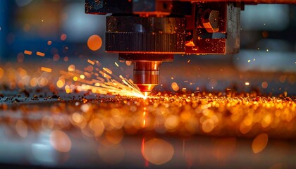 Close-up of a machine precisely cutting metal, creating a shower of fiery sparks