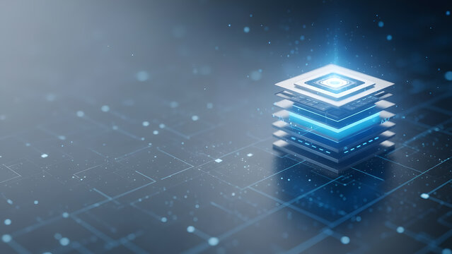 Stack of Glowing High Tech Processor Chips closeup hightech server layers blue white render illustrates