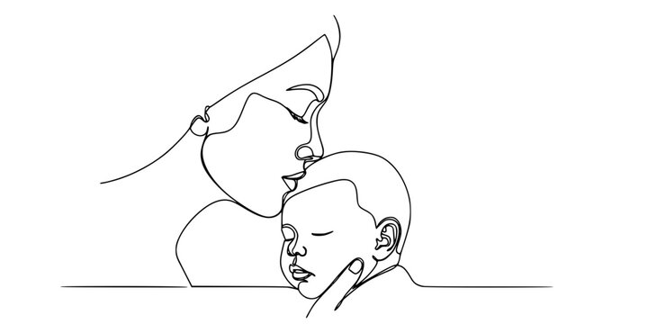 Continuous line art drawing of mother kissing baby forehead abstract vector illustration black and white