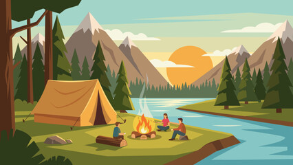 Camping scene tent campfire woods. Outdoor adventure background. Summer camp forest landscape. Hiking travel vacation. Nature tourism. Flat vector illustration. Wilderness trip.