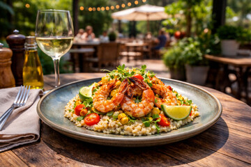 Grilled shrimp and corn salad served with fresh lime, cherry tomatoes, and microgreens on a plate outdoors