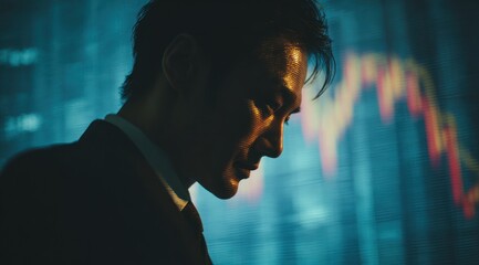 Businessman silhouette illuminated by glowing blue financial data screen.