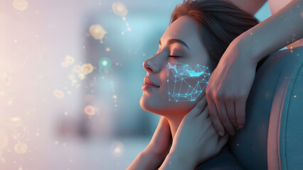 Woman Receiving Facial Treatment with Digital Network tranquil closeup glowing overlay skin This visualizes