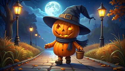 Smiling pumpkin-headed figure with witch hat, lantern-lined path, full moon, and autumn foliage