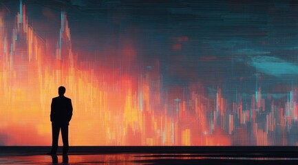 Businessman silhouette before abstract glowing financial data visualization