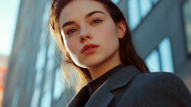 Portrait of a woman with a modern fashion look, set against a city skyline backdrop.