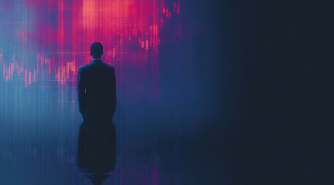 Businessman watches abstract glowing red and blue financial data display. - Powered by Adobe