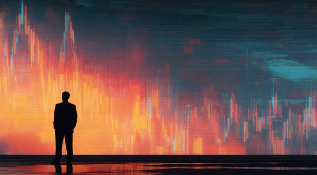 Businessman silhouette before abstract glowing financial data visualization - Powered by Adobe