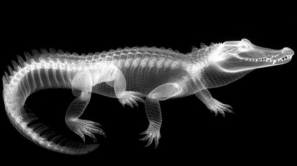 Scientific x-ray image of a crocodile skeleton showing reptile anatomy and skeletal structure for biology research