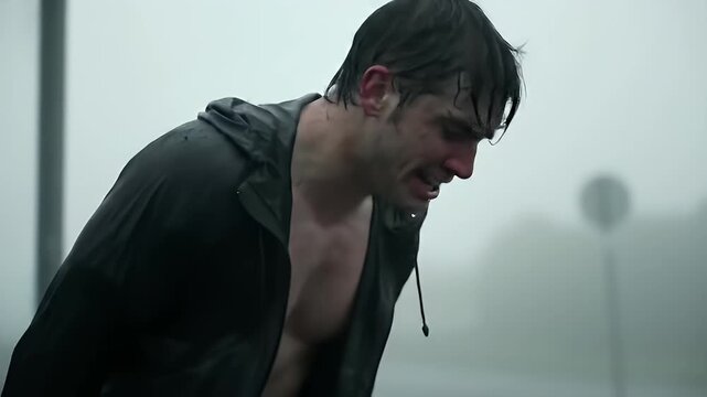 Emotional Distress: A Man's Struggle with Grief and Pain in a Foggy Landscape, facing adversity