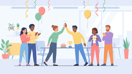 Team celebrating milestone high five. Employee recognition happiness concept. Office party cheering. Business success celebration. Colleagues clapping award trophy. Corporate winning