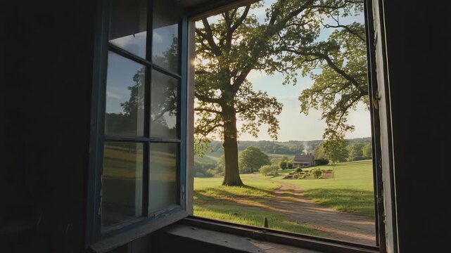An open window frames a picturesque rural landscape. Lush green fields and a winding dirt path lead to a distant farmhouse. Golden sunlight illuminates the peaceful scene
