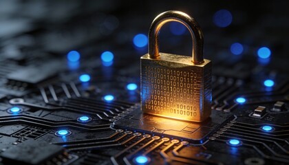 Futuristic cybersecurity concept featuring a glowing cyber padlock surrounded by binary code and digital circuit elements. Big data visualization on a dark technology background