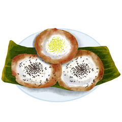 Kue Serabi solo Indonesian traditional cake watercolor illustration