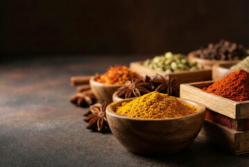 Vibrant, aromatic spices like turmeric, chili, saffron, and star anise in rustic wooden bowls on a dark background, showcasing culinary ingredients.