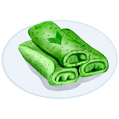 Kue Dadar gulung Indonesian traditional cake watercolor illustration