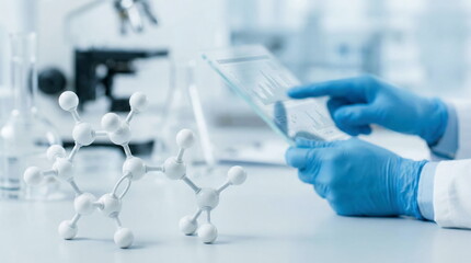 A scientist in blue gloves uses a futuristic transparent tablet to analyze data, with a molecular model and lab equipment in a modern research laboratory.