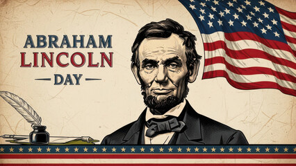 Abraham Lincoln Day celebration with American flag and quill