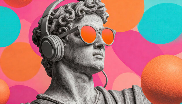 Marble statue wears headphones and mirrored sunglasses against a bright circular background with floating orbs, blending classical sculpture and modern pop art for editorial and commercial design use