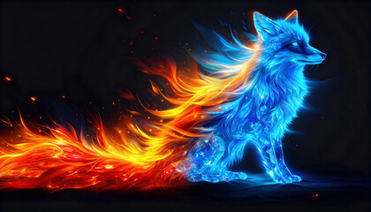 Fox made of glowing blue ice stands with a long flowing tail of fire and embers, with strong contrast and implied motion in a dark scene. Dark negative space on the left provides available space for t