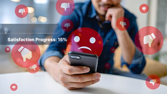 Unhappy customer giving negative feedback on smartphone. Concept of dissatisfaction, poor service experience, bad review, low rating, complaint, and business reputation damage.