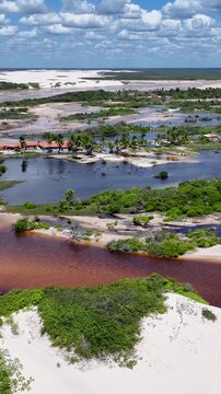 Betania Village In Santo Amaro Maranhao Brazil. Birds Eye View Of Stunning Dark River And Forest Trees. Shore Clouds Sky Beach Sea. Shore Scenic Coastline. Santo Amaro Maranhao.