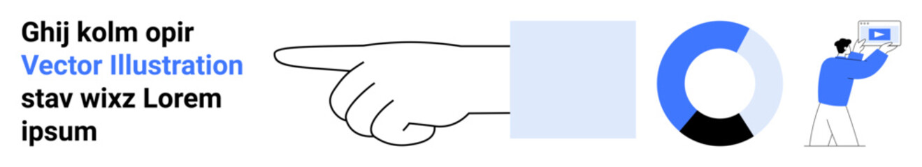 Hand pointing gesture, circular chart with segments, person carrying laptop. Ideal for business, presentation, analytics, direction, focus, teamwork simple landing page