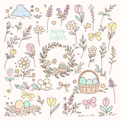 Easter floral clipart set, pastel spring flowers, wreath and easter decorations, a pastel easter floral clipart set with spring flowers, botanical wreath, and easter themed decorative elements