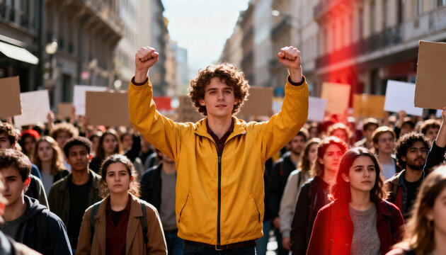Young man raises fists leading a diverse crowd of protesters marching through an urban street with historic buildings in the background and determined expressions that convey activism and solidarity
