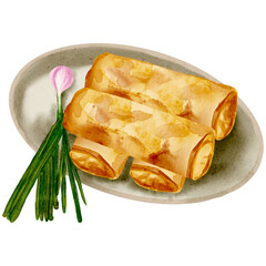 Kue Lumpia Indonesian traditional cake watercolor illustration