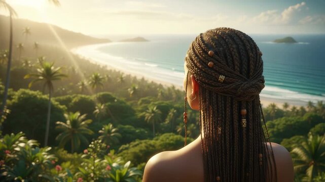 Rear view of an adult black woman with beautiful braided hair. She gazes at a stunning tropical beach and lush green jungle. Golden hour sunlight illuminates the serene island paradise