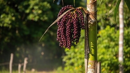 A cluster of ripe black fruits hanging from a tropical palm tree
