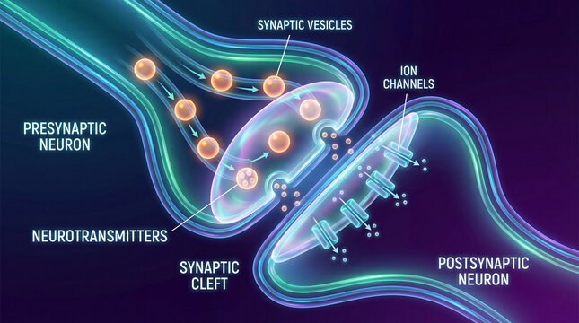 Neuronal synapse illustrating neurotransmitter release from presynaptic vesicles across the synaptic cleft to postsynaptic receptors and ion channels in a conceptual neuroscience schematic for educati