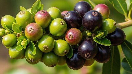 A cluster of ripe and unripe fruits hanging on a branch
