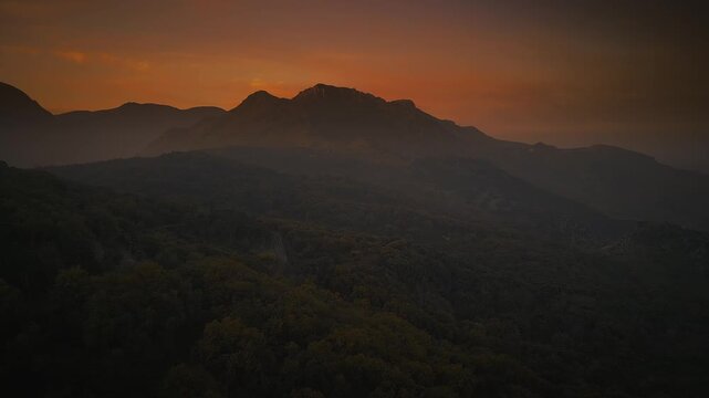 Aerial view of mountains and valleys on a sunrise